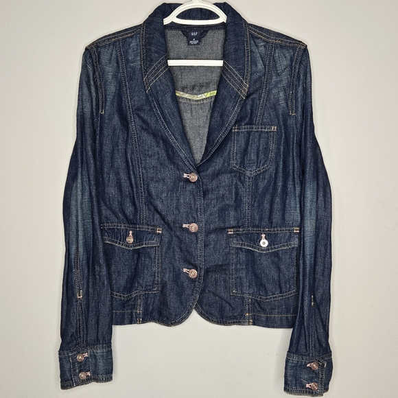 GAP Y2K Denim Blazer Jacket Womens 12‎ Dark Wash Cotton Linen Pink Stitching - Picture 2 of 8